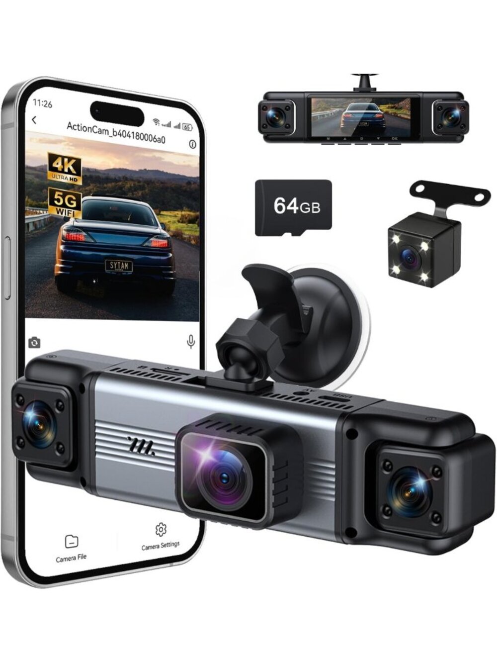 360° 4-Channel Dash Cam with Front & Rear View, Includes 64GB Memory Card